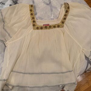Free People Cream Peasant Blouse with Gold Embellished Square Neck